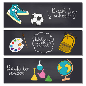 Set of three horizontal banners with school supplies.