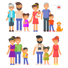 Vector flat style family set. Parents, grandparents, kids