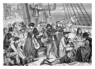 Emigrant boat deck traveling to America with their families,XIX century engraving