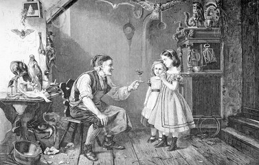 Taxidermist entertaining two little girls in his workshop, XIX century engraving