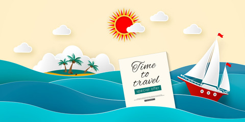Sailboat in the sea. Island with coconut palms and beach in the ocean. Sun, clouds. Vector illustration for advertising, travel, tourism, cruises, travel agency, discounts and sales. Paper style