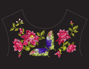 Embroidery ethnic neck line pattern with wild roses and butterfly. Vector traditional embroidered floral design with flowers on black background for fashion clothing.