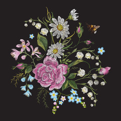 Embroidery brigt trend floral pattern with bee. Vector traditional folk roses, lilies and forget me not flowers bouquet on black background for clothing design.