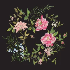 Poster Embroidery beautiful floral pattern with roses, peony and forget me not.  Vector traditional embroidered bouquet with oriental flowers on black background for clothing design. © natagalitskaia