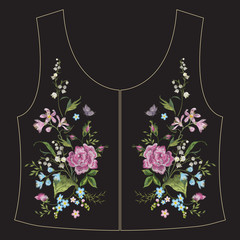 Embroidery ethnic neck line floral pattern with roses and butterflies. Vector symmetric traditional folk ornament with flowers on black background for design.