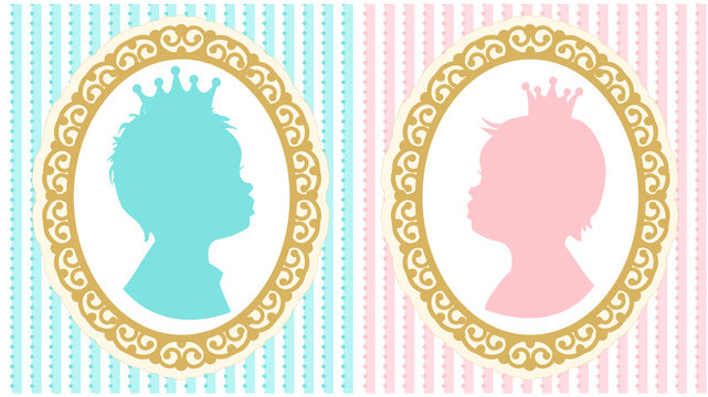 Silhouettes of little princess and prince with crowns. Oval vintage frame ornament. Baby shower invitation 