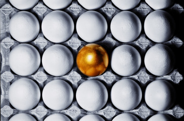 Concept of individuality, exclusivity, better choice. One golden egg among white eggs in carton tray on blue background.