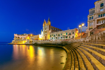 Malta. Our Lady of Mount Carmel Church at night.