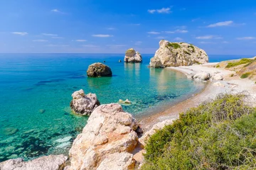 Crédence de cuisine en verre imprimé Chypre Rocher d& 39 Aphrodite, belle plage et baie de mer, île de Chypre