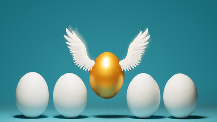 Concept of individuality, exclusivity, better choice. Golden egg takes off, waving its wings, among white eggs on blue background.