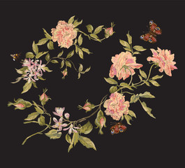 Embroidery fashion floral pattern with wild peonies and butterfly. Vector traditional embroidered bouquet with flowers on black background for clothing design.