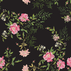 Embroidery floral seamless pattern with wild roses and lilac.  Vector traditional embroidered decor with folk flowers on black background for clothing design. - 158293937
