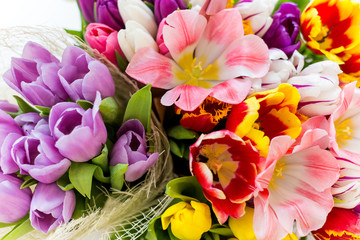 beautiful big spring bouquet of multicolored tulips