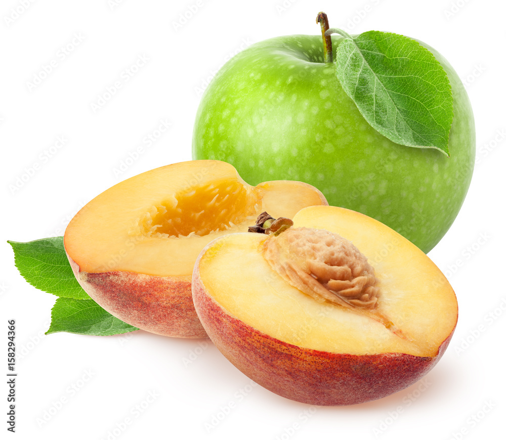 Canvas Prints isolated fruits. two peach half slices with green apple fruit isolated on white with clipping path - Canvas Prints