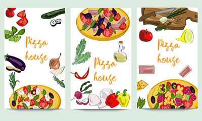 Vertical vector banners of hand drawn food and dishes. Pizza house design. Restaurant, pizzeria, cafe menu.