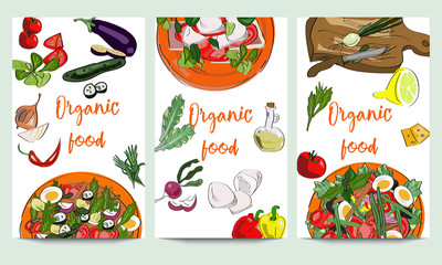 Vertical vector banners of hand drawn food and dishes. Organic food design. Restaurant, pizzeria, cafe menu.