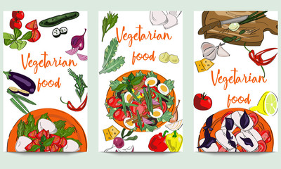 Fototapeta na wymiar Vertical vector banners of hand drawn food and dishes. Vegetarian food design. Restaurant, pizzeria, cafe menu.