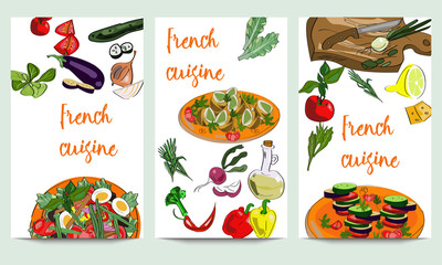 Vertical vector banners of hand drawn food and dishes. French cuisine design. Restaurant, pizzeria, cafe menu.
