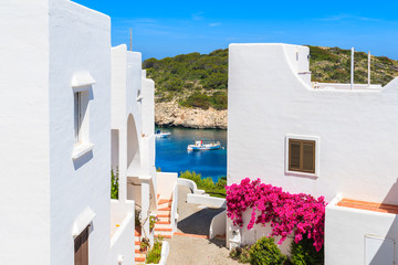 Traditional white houses decorated with flowers and view of fishing boat on sea in Cala Portinatx bay, Ibiza island, Spain