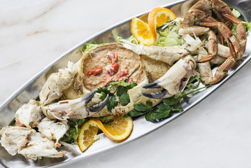 gourmet fresh whole crab with seafood cream mousse meal