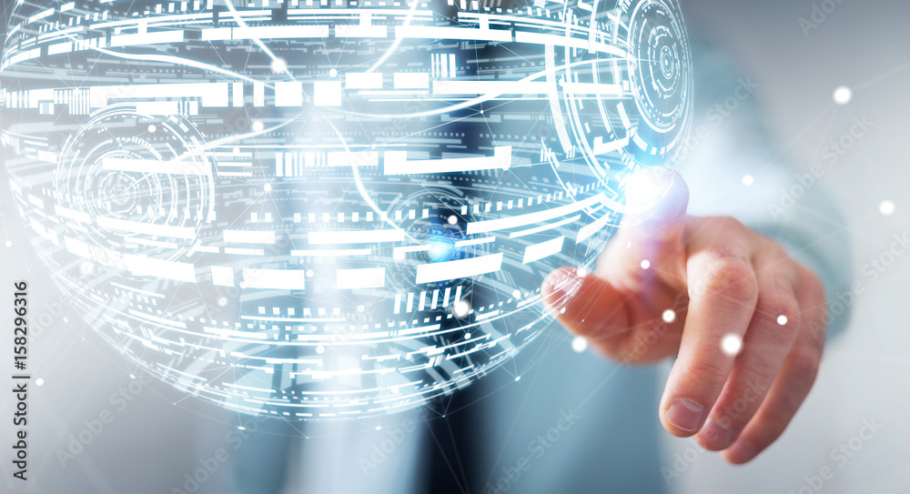 Poster businessman touching hologram sphere 3d rendering