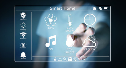 Businessman using smart home digital interface 3D rendering
