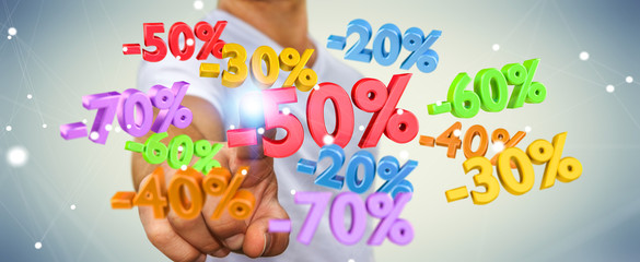 Businessman touching sales icons with his finger 3D rendering