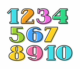 Colored numbers with black outline, vector. Colored numbers with serifs on a white background. 