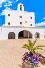 Square with typical white style church in Sant Josep de sa Talaia town on Ibiza island, Spain