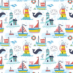 Summer holiday vacation seamless pattern with hand drawn cute boat, lighthouse and whale. Isolated vector illustration