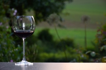 Glas Rotwein mit Garten im Hintergrund