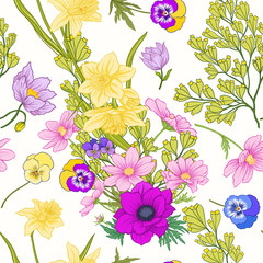 Seamless pattern with poppy flowers, daffodils, anemones, violets in botanical vintage style. On white background. Stock line vector illustration.