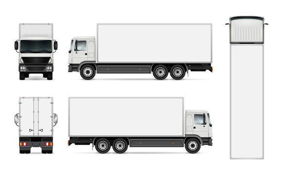 Semi truck template for car branding and advertising. Isolated cargo vehicle set on white. All layers and groups well organized for easy editing and recolor. View from side, front, back, top.
