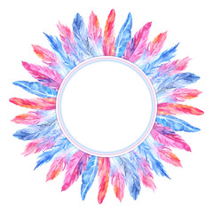 Watercolor colorful bird feather circle wreath frame composition isolated
