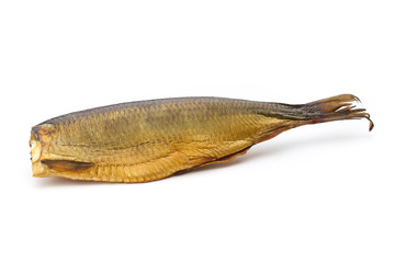 Smoked trout in front of a white background.