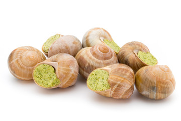 Cooked snails delicacy. French cuisine stuffed snails.