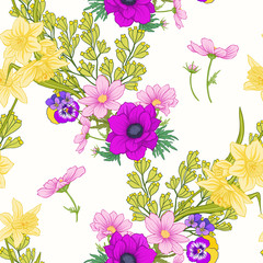 Seamless pattern with poppy flowers, daffodils, anemones, violets in botanical vintage style. On white background. Stock line vector illustration.