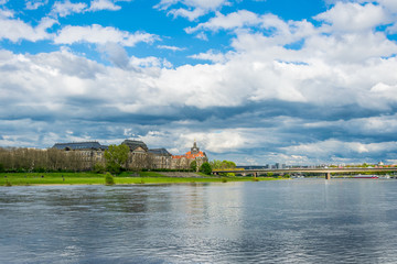 Fototapeta na wymiar River panorama of the city of Dresden. River Elbe and old picturesque buildings