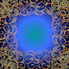Blue background with ornamental border in gold colors. Illustration.