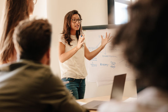 Businesswoman explaining new plan to colleagues in conference ro