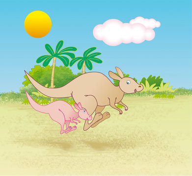 Kangaroo and its baby joey jumping - jpg illustration