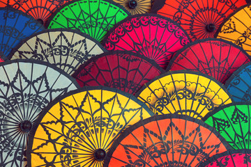 Traditional Burmese umbrellas. Colorful umbrellas at traditional street market in Bagan, Myanmar...