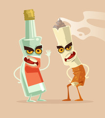 Angry bottle glass of vodka and cigarette characters best friends. Bad habits. Drink and smoking addiction. Vector flat cartoon illustration