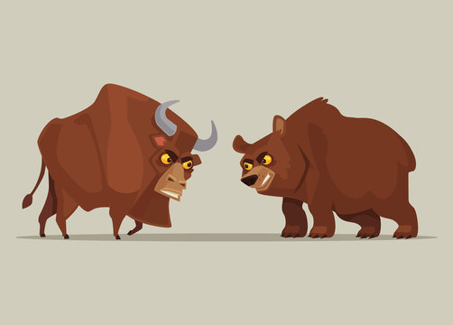 Angry strong bull and bear characters. Symbol of stock market. Vector flat cartoon illustration