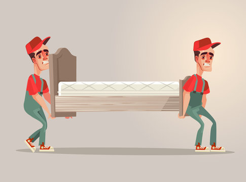 Unhappy loaders men characters carry bed. Vector flat cartoon illustration