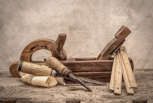 Vintage woodworking tools, stylized hdr image
