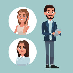 color background with executive bearded man with formal suit and circular frame with woman characters for business vector illustration