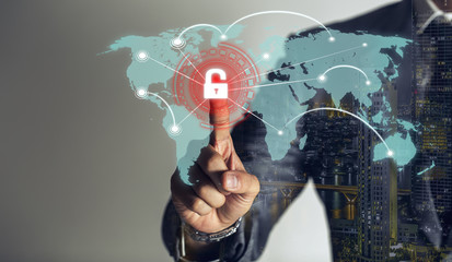 double exposure, businessman is touching scan identity to open hologram and unlock data online global to link viral information, cybersecurity technology background.