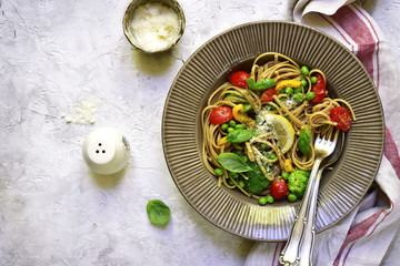 Whole wheat spaghetti with vegetables.Top view.