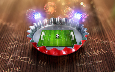 Football championship in the Red Beer cap. 3d render